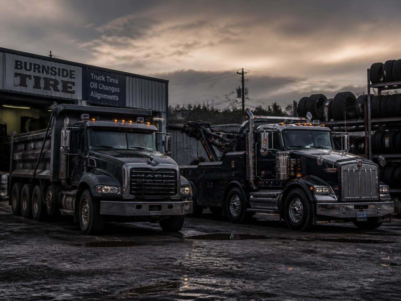Dump truck and tow truck parked at a commercial tire shop yard